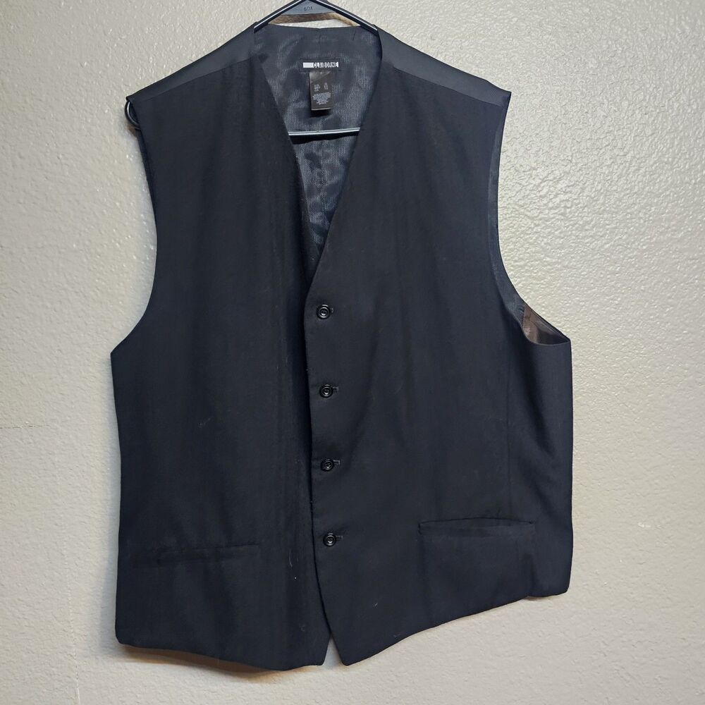 Claiborne Mens XL Black Dress Vest 4 Button Wool Rayon Blend Suit Waistcoat H329